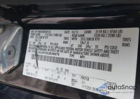 2016 Ford Escape Titanium z USA, uszkodzony, nr VIN 1FMCU0J91GUB36876